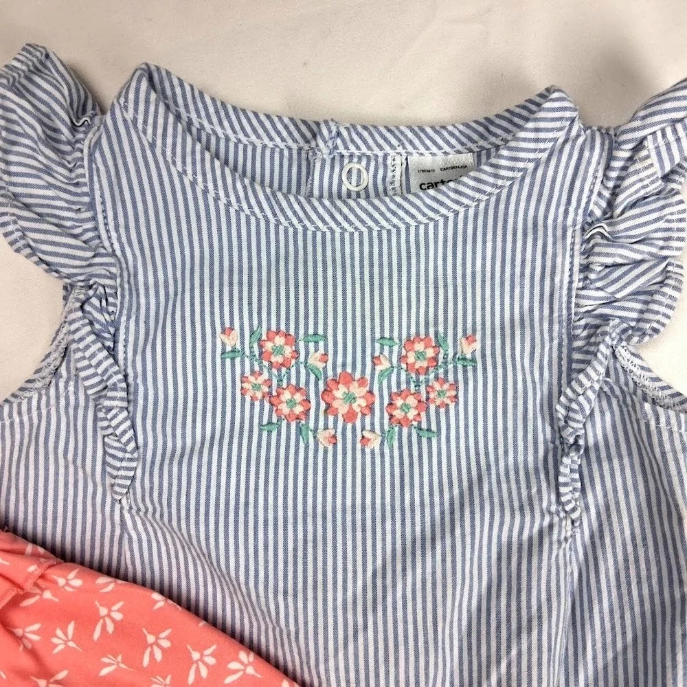 Carter's Baby Girl 12 Mos Outfit Lot Longall Shorts Tank Set Coral Pink Blue